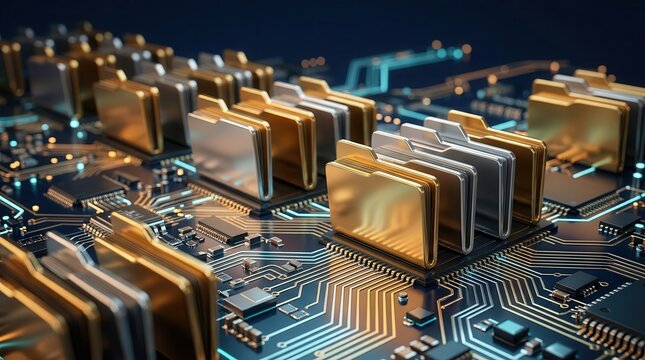Digital folder icon array on a circuit board representing a secure information workflow.