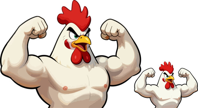 Muscular cartoon chickens, flexing arms, strong birds, funny animals, vector graphics
