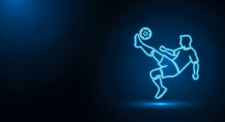 Obraz premium Neon-lit silhouette of a soccer player skillfully controlling a ball in mid-air, vibrant blue background.