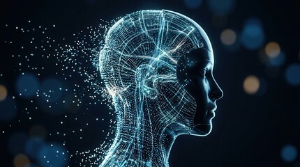 Obraz premium Humanoid figure composed of floating particles on a dark futuristic background.