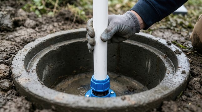Technician hand installing a vertical sump pump pipe into a basin for drainage and emergency repair.