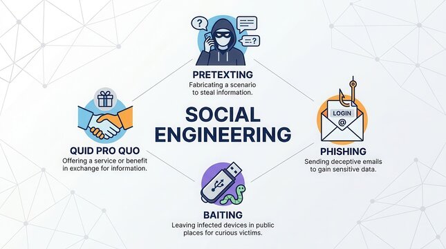 Diagram of social engineering attack methods including pretexting, phishing, baiting, and quid pro quo.