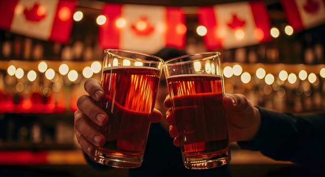 Celebratory cheers with amber beer glasses in a canadian pub with festive decorations