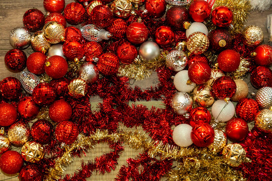 Christmas ornament display with metallic baubles and garlands