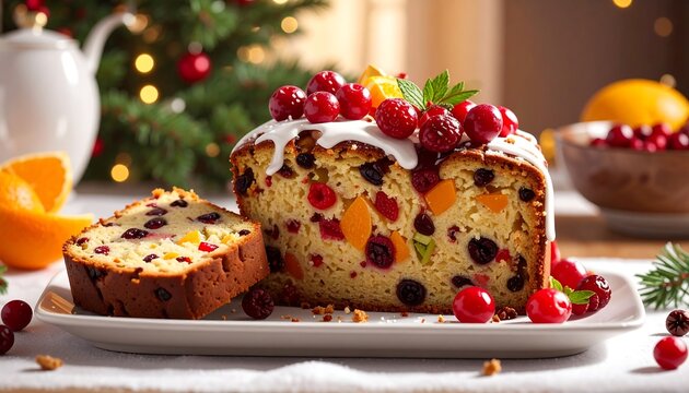 Fruitcake slice with glaze, cranberries, & Christmas tree in the background, festive, bright & appetizing