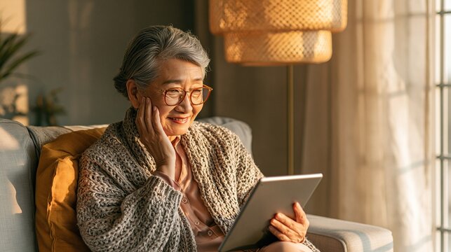 Senior Asian Woman with Glasses Reading Tablet by Warm Lamp