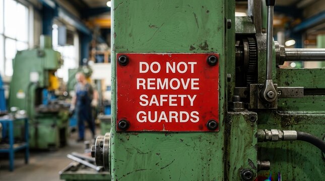 Red warning sign on an industrial machine reading Do not remove safety guards.
