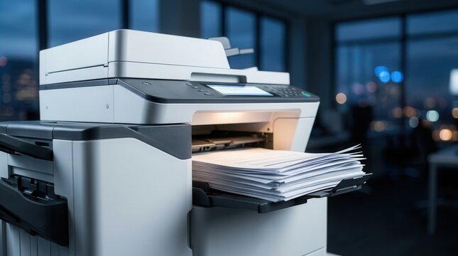 Modern office printer printing a stack of documents in a corporate workspace.