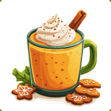 Vector illustration of glass of eggnog with whipped cream, cinnamon stick, gingerbread cookies, isolated on a white background. Vector illustration of winter beverage on white background