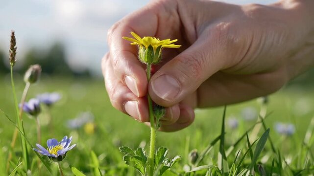 Close-up of hand picking yellow wildflower in green grassy field under blue sky