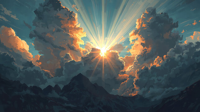 This digital painting depicts a dramatic sunset with sunrays breaking through thick, dark clouds.