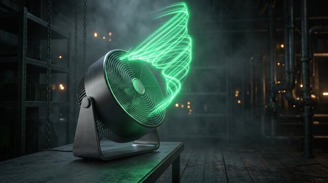Electric fan emitting visible airflow in a dimly lit industrial setting with shelves and pipes in the background, showcasing modern design and technology