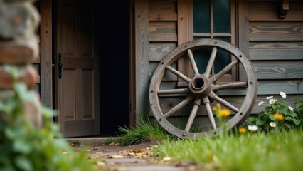 Fototapeta premium A wooden wheel sits outside a building with a simple, rustic charm
