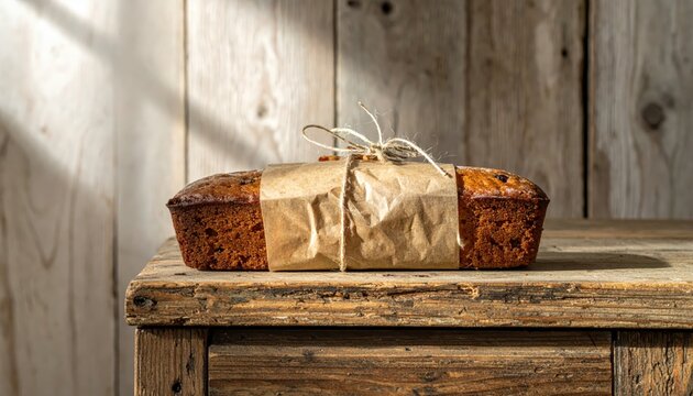 Rustic fruitcake loaf wrapped in parchment paper and tied with twine on a wooden surface