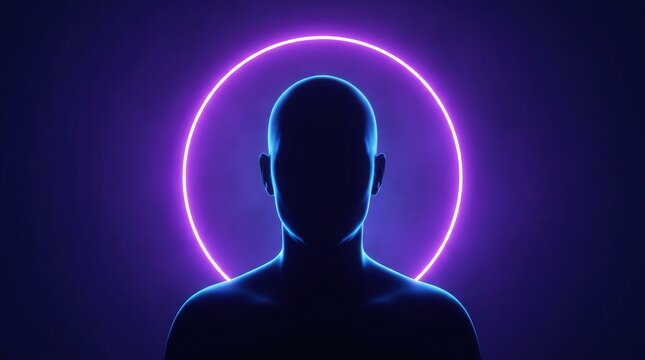 Futuristic identity concept featuring a neon illuminated human silhouette with a glowing outline.