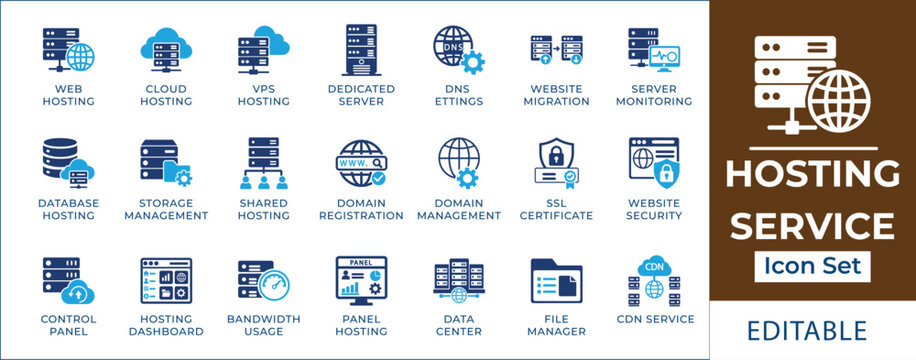 Hosting service icon set featuring web server database, cloud hosting platform, panel control dashboard, network dns configuration, domain certificate, and cdn symbols.