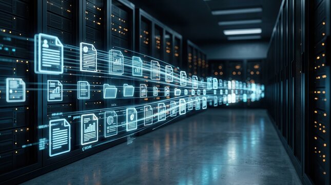 Holographic document cards floating over a server aisle in a data center for enterprise content management.