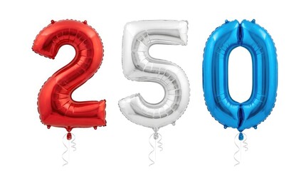 Fototapeta premium Red, white, and blue helium balloons in the numbers 2, 5, and 0 isolated on white background