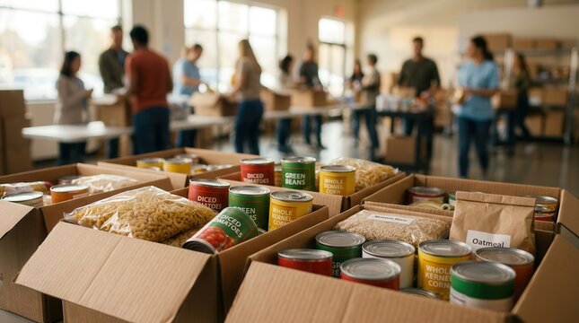 Various boxes of canned goods and packaged food items in a busy community food bank.