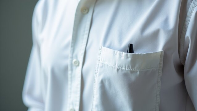 A person wearing a white shirt and holding a pen in their pocket