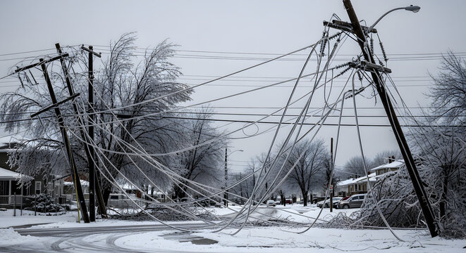 Damaged power lines and broken utility poles after a winter ice storm. Destructive freezing rain aftermath in a residential neighborhood. Power outage and infrastructure damage concept