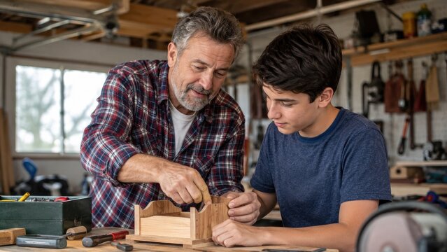 Older man teaches a teenage boy woodworking in a cluttered home workshop as they assemble a small wooden box together