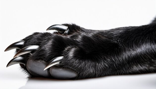 close up of a black animal paw with sharp claws on white background