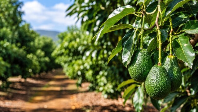 Close-up of green avocados hanging from a tree in a sunlit orchard with rows