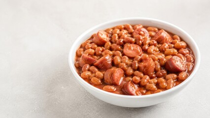Fototapeta premium Hearty bowl of baked beans with sliced sausages in rich tomato sauce, warm comfort food served in a white bowl