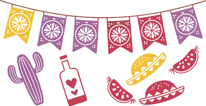 Mexican fiesta celebration element set with hanging bunting flags tequila bottle sombrero hat cactus and food vector flat illustrationMexican fiesta celebration element set with hanging bunting flags 