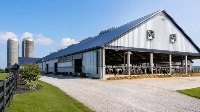 Large modern open-sided dairy barn with cows, silos, gravel driveway and green lawn under a clear blue sky