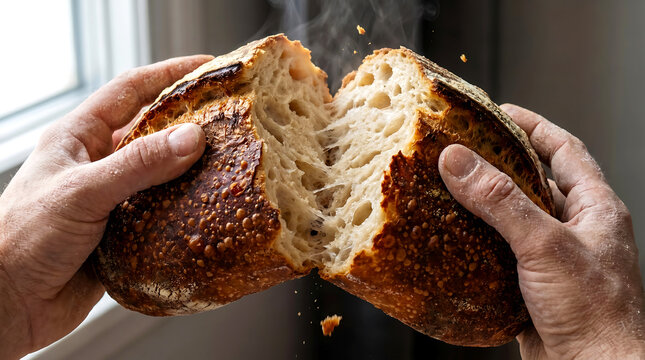Hands breaking a loaf of freshly baked crusty bread in half