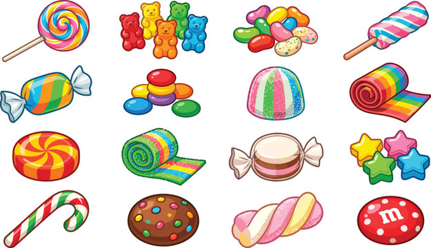 Colorful sweet candy set, vector illustration of hard candies, gummy bears and lollipops