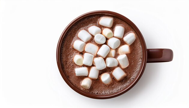 hot chocolate toped with mini marshmallows isolated on white background top view