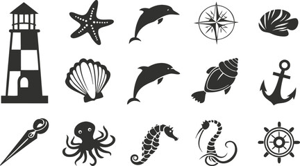 Nautical ocean silhouette elements set with lighthouse dolphin anchor starfish seahorse octopus and steering wheel black vector icons collectionNautical ocean silhouette elements set with lighthouse d © Snowar