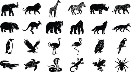 Obraz premium Wild animals silhouettes vector set, cartoon zoo and safari wildlife shadows collection