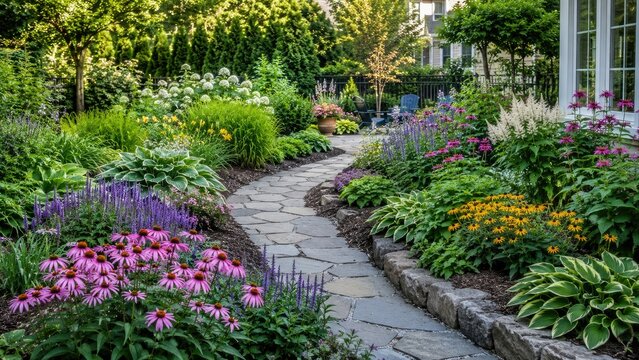 Curved flagstone garden path through lush summer perennial borders and colorful flowering plants