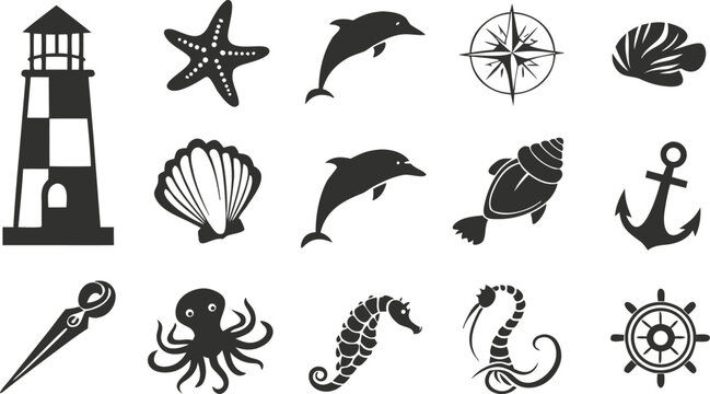 Nautical ocean silhouette elements set with lighthouse dolphin anchor starfish seahorse octopus and steering wheel black vector icons collectionNautical ocean silhouette elements set with lighthouse d