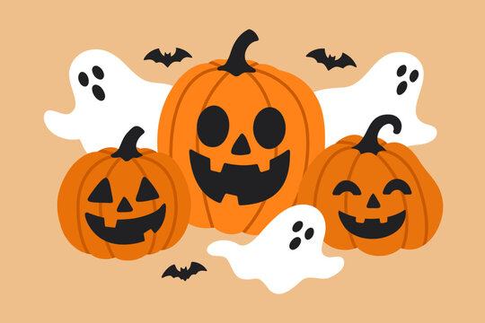 Halloween pumpkins jack o lantern. Three spooky orange gourd squash characters with white flying ghosts and black bats. Traditional october holiday
