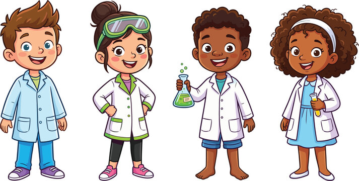 Cute kids scientists vector set, cartoon children in lab coats doing science experiments