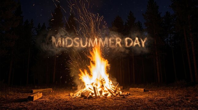 Midsummer day celebration with a burning campfire in the forest at night