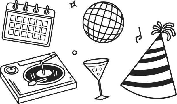 New Year Eve party line art elements set with calendar disco ball turntable cocktail glass and striped party hat vector illustrationNew Year Eve party line art elements set with calendar disco ball tu
