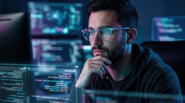 Focused programmer wearing glasses analyzing complex computer code on digital screens.
