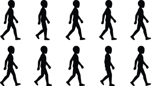 Man walking animation sequence, person walk cycle silhouette, moving human figure vector, character motion frames