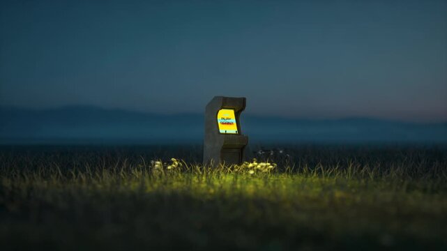 Lonely, weathered vintage arcade cabinet stands isolated in the grassy field. The glowing screen displays a pixelated PLAY AGAIN? message with digital glitch effect. 3D Render Seamless Loop Animation