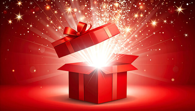 Exploding red gift box with bright light and sparkles, celebrating surprise and joy, perfect for holiday promotions