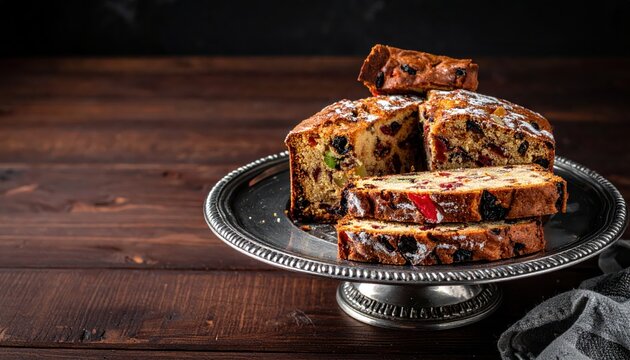 Stack of delicious fruitcake slices served on an antique silver platter against a dark wooden background