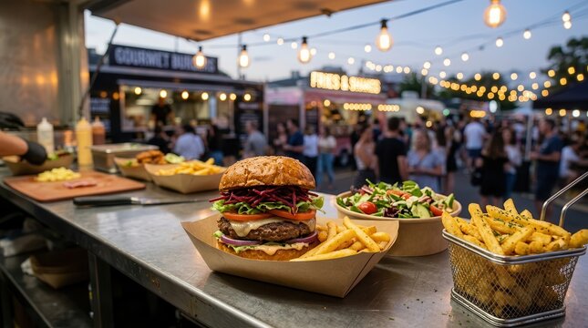 Gourmet burgers, crispy fries, and fresh salads at a lively street food festival during a warm evening.