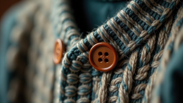 A detailed view of a sweater button, useful for fashion or textile designs