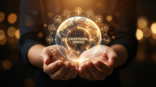 A concept of exceptional service with a hand holding glowing icons and a digital globe.